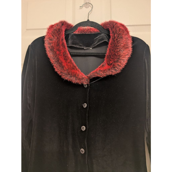 Y2K Whimsigoth Black Velvet Cardigan Jacket | Red Fur Collar Gothic Coquette L - Picture 3 of 8